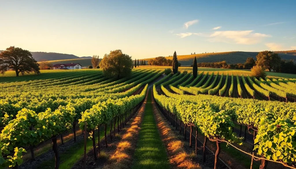 Vineyard with rows of grapevines and a winery building along the Placer Wine Trail Vineyard with rows of grapevines and a winery building along the Placer Wine Trail
