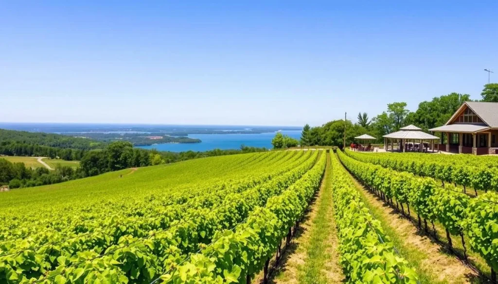 Vineyards in Lake Erie Wine Country with rows of grapes and Lake Erie visible in the background Vineyards in Lake Erie Wine Country with rows of grapes and Lake Erie visible in the background