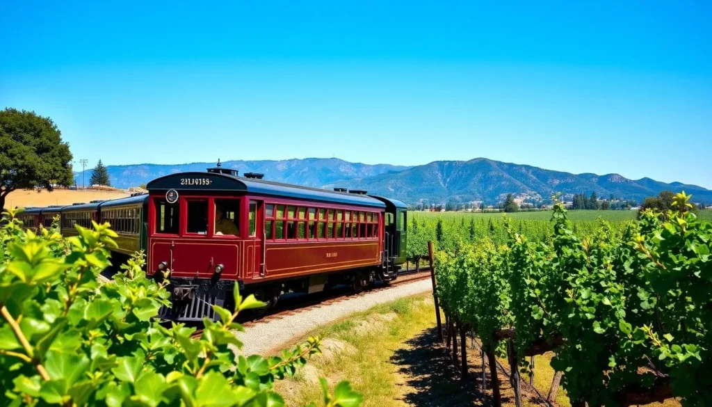 Vintage Wine Train traveling through Napa Valley vineyards on a sunny day Vintage Wine Train traveling through Napa Valley vineyards on a sunny day
