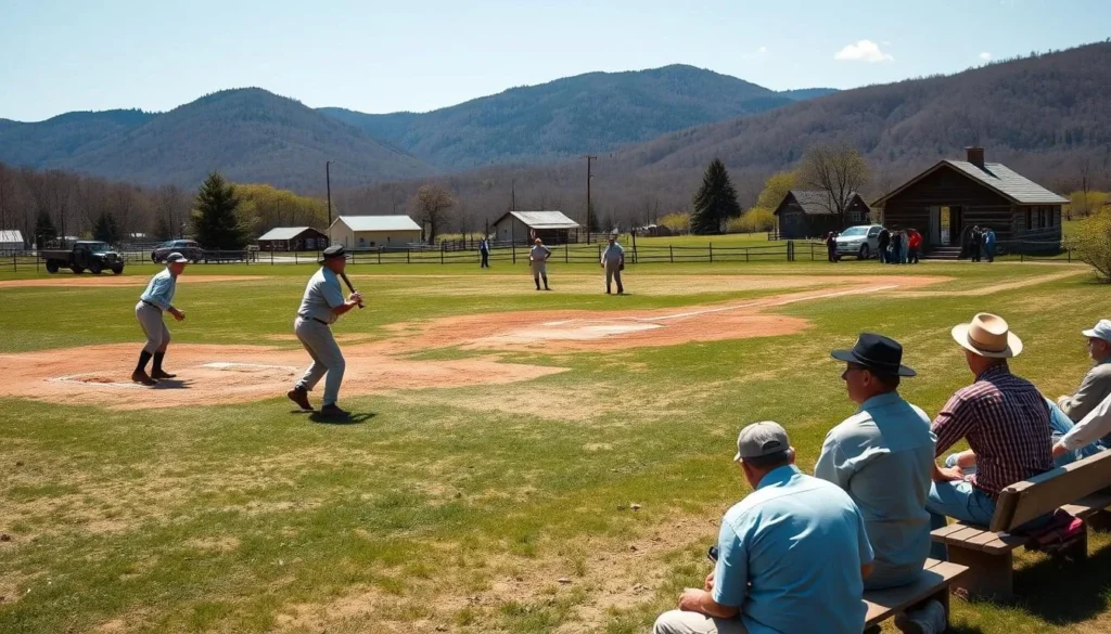 Vintage base ball game in Delaware County New York with players in historic uniforms on a rural field Vintage base ball game in Delaware County New York with players in historic uniforms on a rural field
