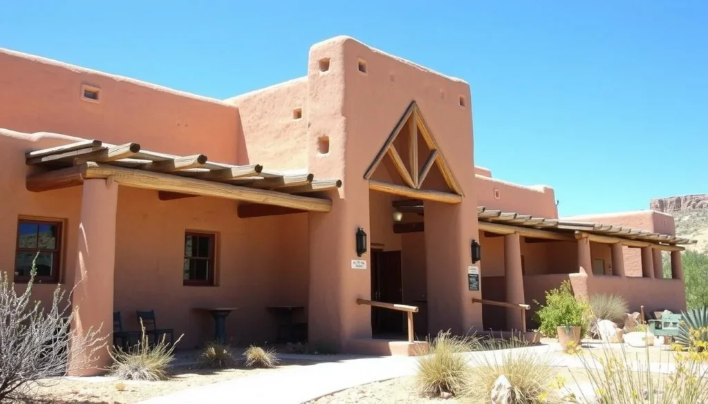 Visitor Center at Bandelier National Monument with traditional adobe architecture Visitor Center at Bandelier National Monument with traditional adobe architecture