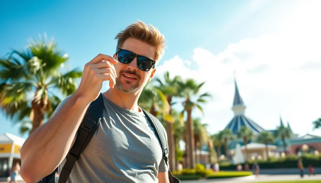 Visitor applying sunscreen at an Orlando park on a sunny day Visitor applying sunscreen at an Orlando park on a sunny day