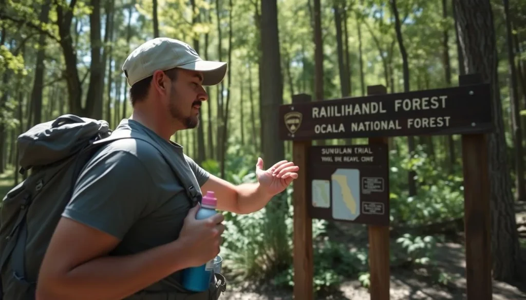 Visitor applying sunscreen before hiking on a trail in Ocala National Forest in Lake County Visitor applying sunscreen before hiking on a trail in Ocala National Forest in Lake County