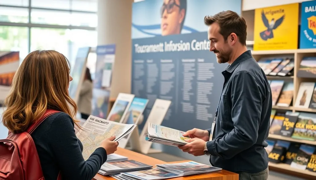 Visitor at information center in Sacramento getting maps and brochures