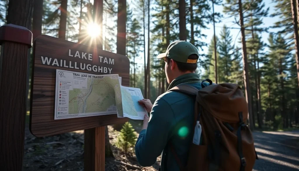 Visitor checking a map at a Lake Willoughby trailhead with hiking gear Visitor checking a map at a Lake Willoughby trailhead with hiking gear