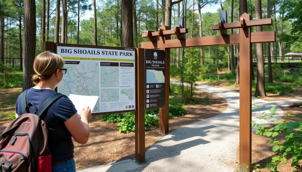 Visitor checking a trail map at Big Shoals State Park in Hamilton County Florida Visitor checking a trail map at Big Shoals State Park in Hamilton County Florida