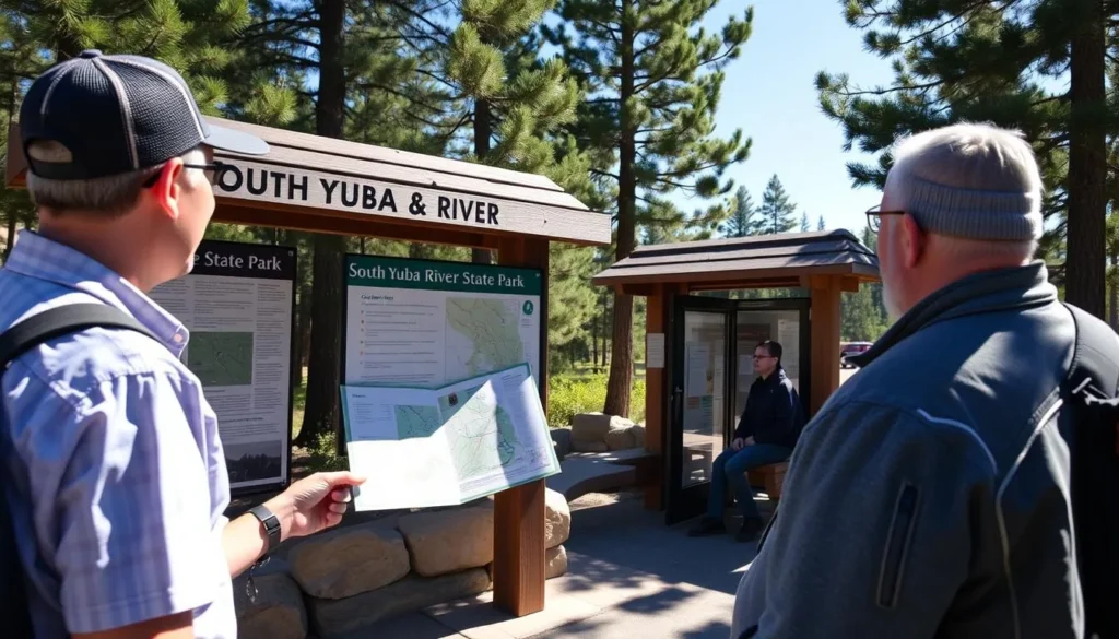 Visitor checking a trail map at South Yuba River State Park Visitor checking a trail map at South Yuba River State Park