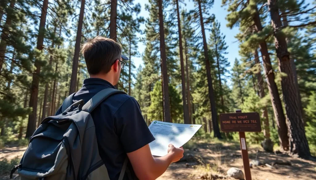 Visitor checking a trail map in Plumas National Forest