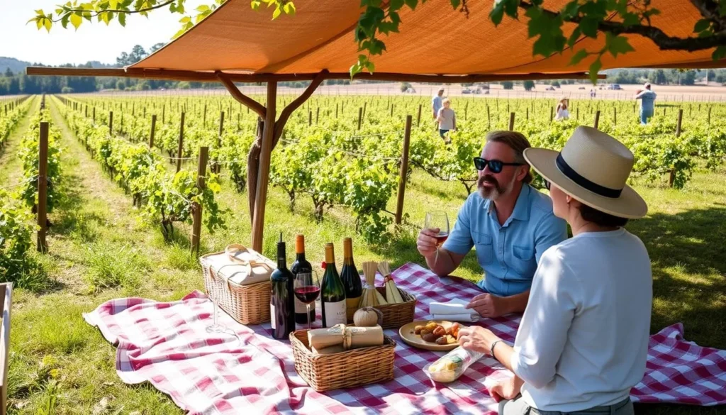 Visitor enjoying a picnic in a Sonoma County California vineyard with wine and local produce Visitor enjoying a picnic in a Sonoma County California vineyard with wine and local produce