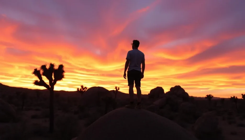 Visitor enjoying sunset at Joshua Tree National Park in Riverside County California Visitor enjoying sunset at Joshua Tree National Park in Riverside County California