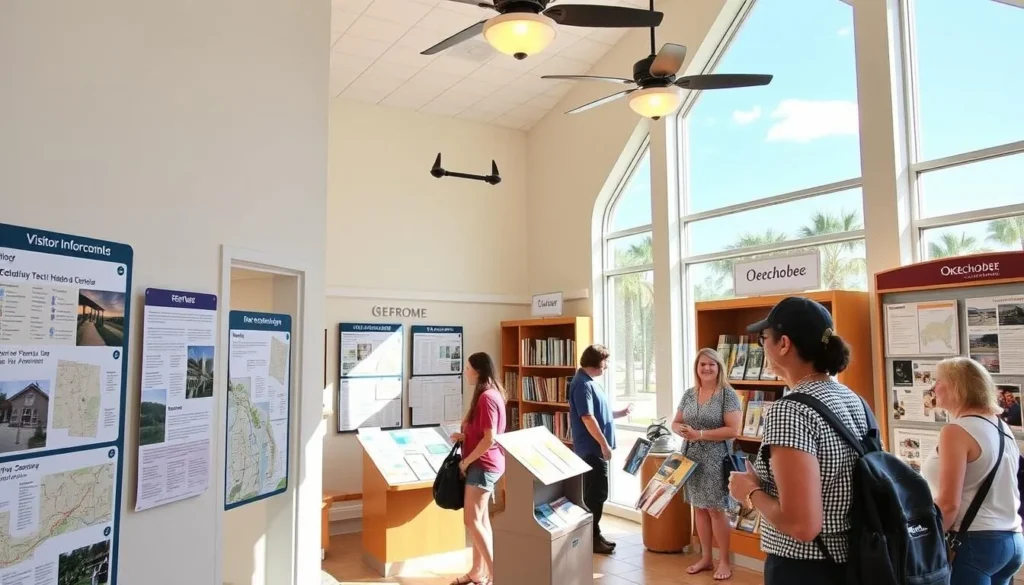 Visitor information center in downtown Okeechobee with maps and brochures displayed Visitor information center in downtown Okeechobee with maps and brochures displayed