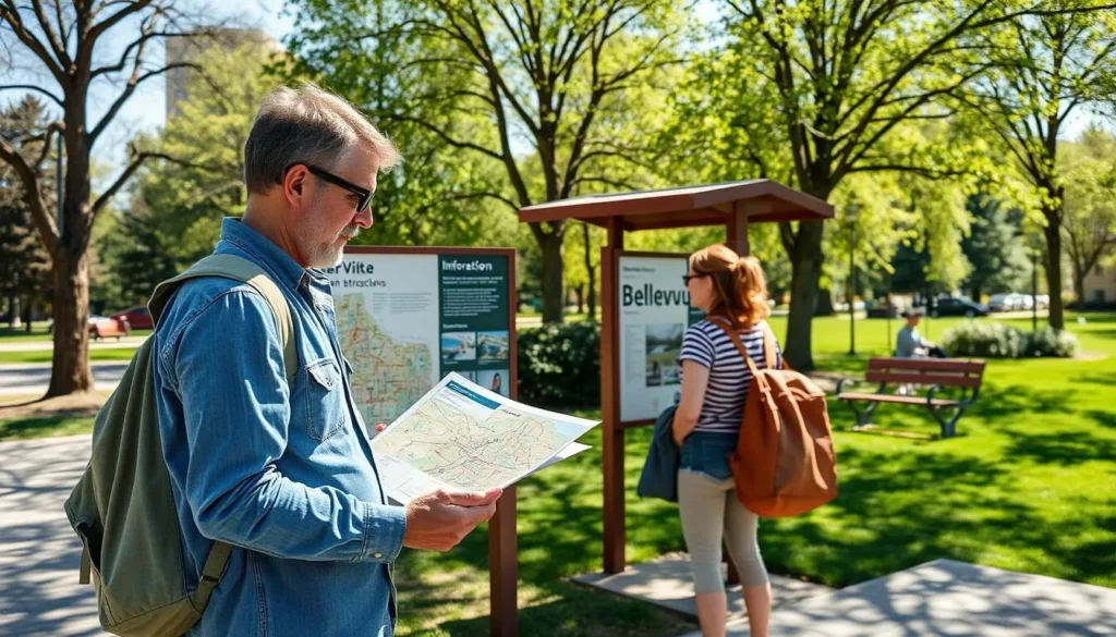 Visitor looking at a map of Bellevue Nebraska attractions Visitor looking at a map of Bellevue Nebraska attractions