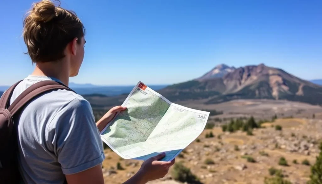Visitor looking at a physical map of Lassen Volcanic National Park with mountains in the background Visitor looking at a physical map of Lassen Volcanic National Park with mountains in the background