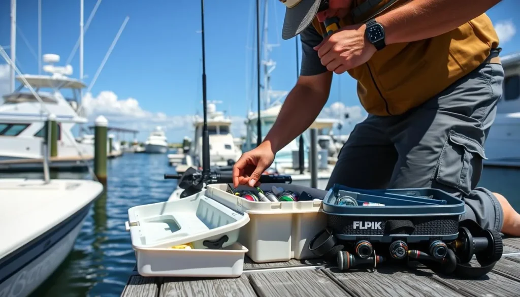 Visitor preparing fishing gear at a Taylor County Florida marina Visitor preparing fishing gear at a Taylor County Florida marina