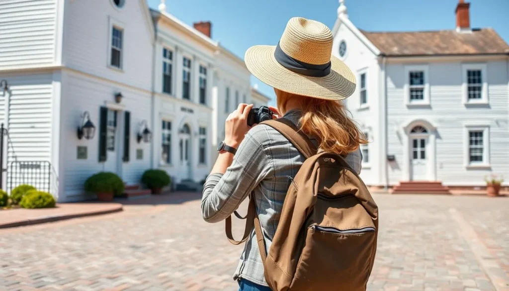 Visitor taking photos in Bethel's historic district with proper sun protection Visitor taking photos in Bethel's historic district with proper sun protection