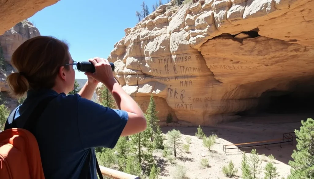 Visitor viewing pictographs with binoculars at Pictograph Cave State Park, Montana Visitor viewing pictographs with binoculars at Pictograph Cave State Park, Montana