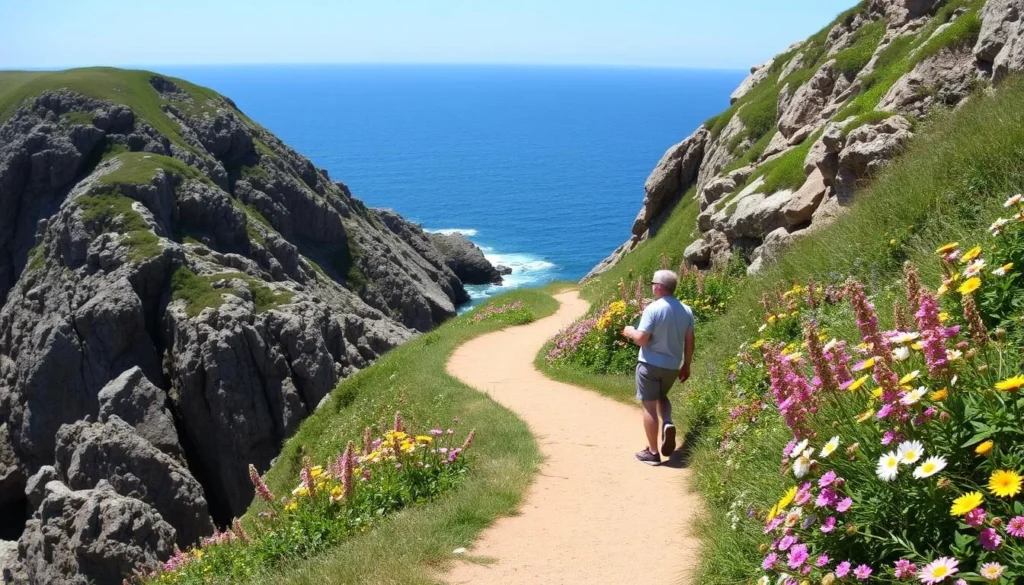 Visitor walking along the scenic Marginal Way path in Ogunquit, Maine