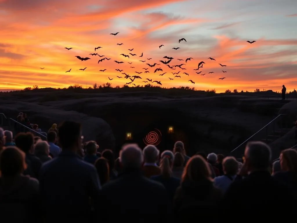Visitors at the Bat Flight Amphitheater watching Brazilian free-tailed bats emerge from Carlsbad Caverns at sunset Visitors at the Bat Flight Amphitheater watching Brazilian free-tailed bats emerge from Carlsbad Caverns at sunset