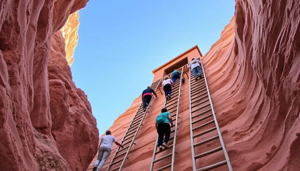 Visitors climbing wooden ladders to access the Alcove House at Bandelier National Monument Visitors climbing wooden ladders to access the Alcove House at Bandelier National Monument
