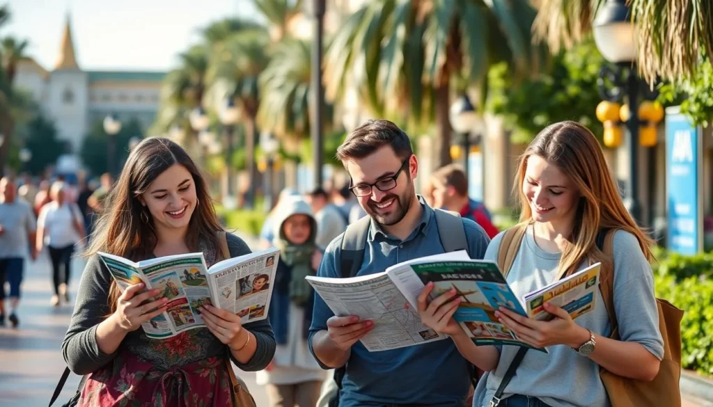 Visitors enjoying Anaheim California attractions with maps and guidebooks Visitors enjoying Anaheim California attractions with maps and guidebooks