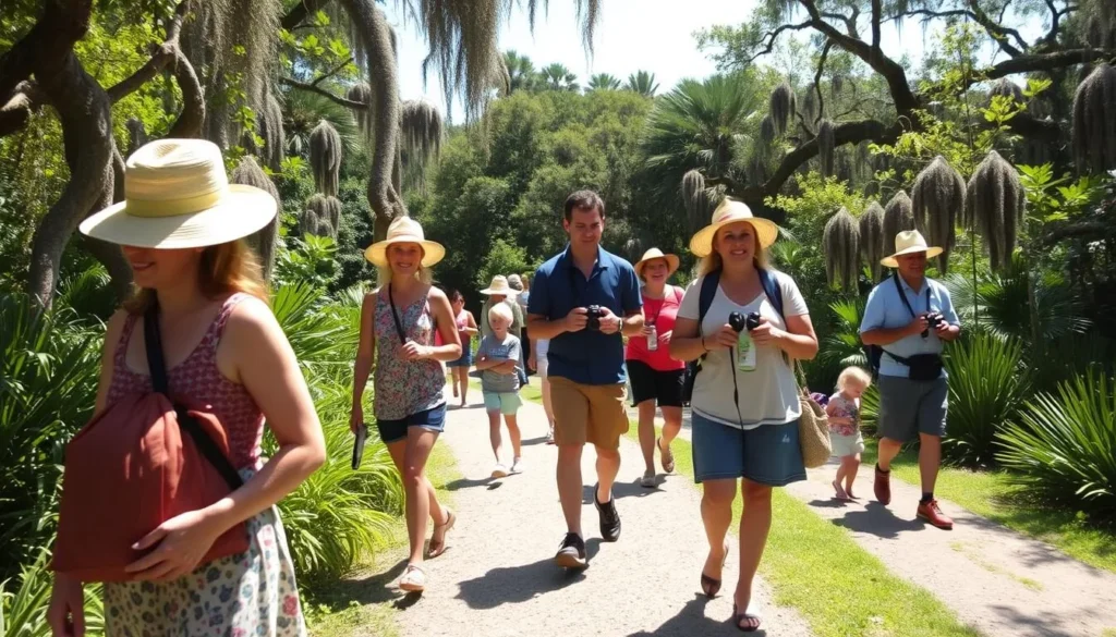 Visitors enjoying Avery Island with proper gear including hats and comfortable shoes Visitors enjoying Avery Island with proper gear including hats and comfortable shoes