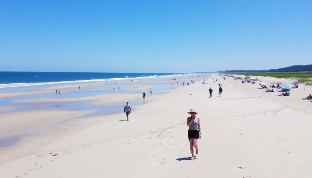 Visitors enjoying Ogunquit Beach at low tide on a sunny day