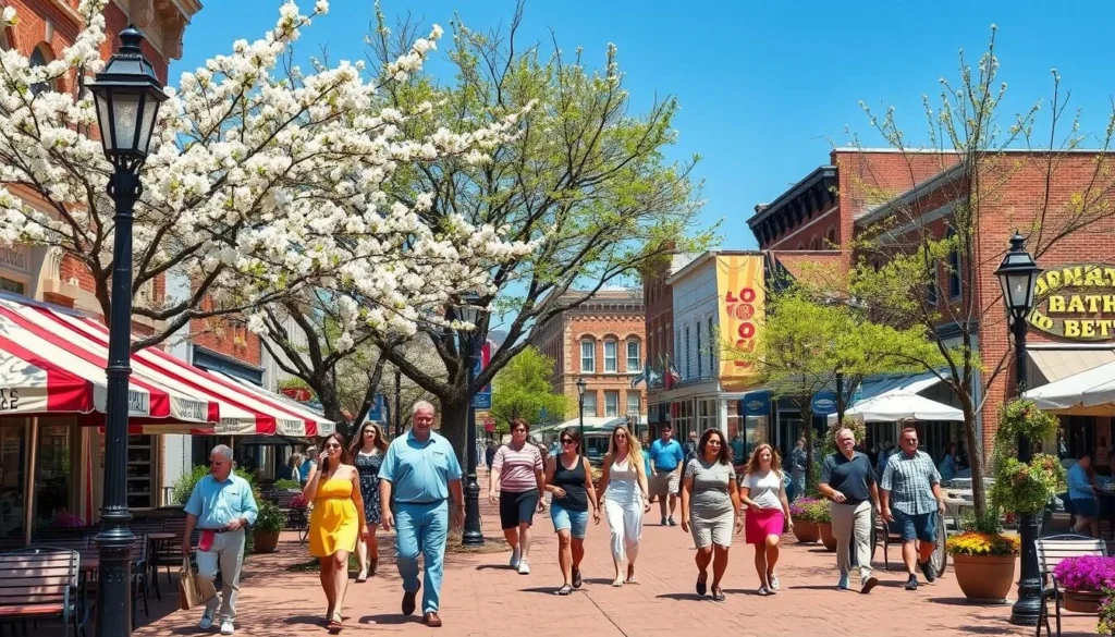 Visitors enjoying a pleasant spring day in downtown Franklin with blooming trees and flowers Visitors enjoying a pleasant spring day in downtown Franklin with blooming trees and flowers