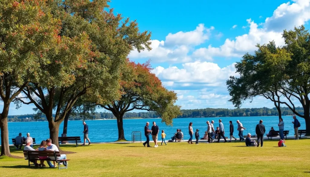 Visitors enjoying a sunny day at Lake Monroe Park in Seminole County during fall season with colorful foliage Visitors enjoying a sunny day at Lake Monroe Park in Seminole County during fall season with colorful foliage