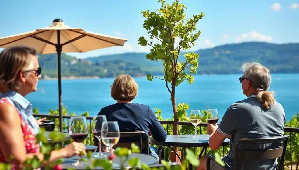 Visitors enjoying a wine tasting on an outdoor patio overlooking Seneca Lake Visitors enjoying a wine tasting on an outdoor patio overlooking Seneca Lake