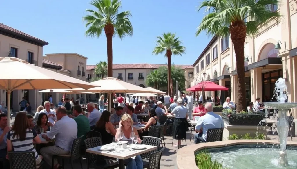 Visitors enjoying outdoor dining in Santana Row, Santa Clara County on a sunny day Visitors enjoying outdoor dining in Santana Row, Santa Clara County on a sunny day