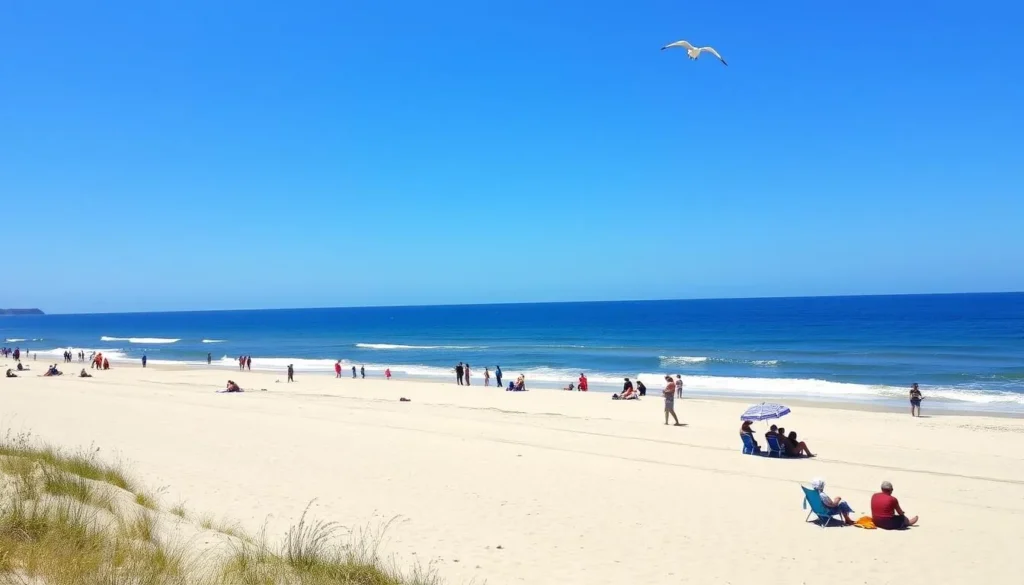 Visitors enjoying the beach at Delaware Seashore State Park with the Atlantic Ocean in the background Visitors enjoying the beach at Delaware Seashore State Park with the Atlantic Ocean in the background