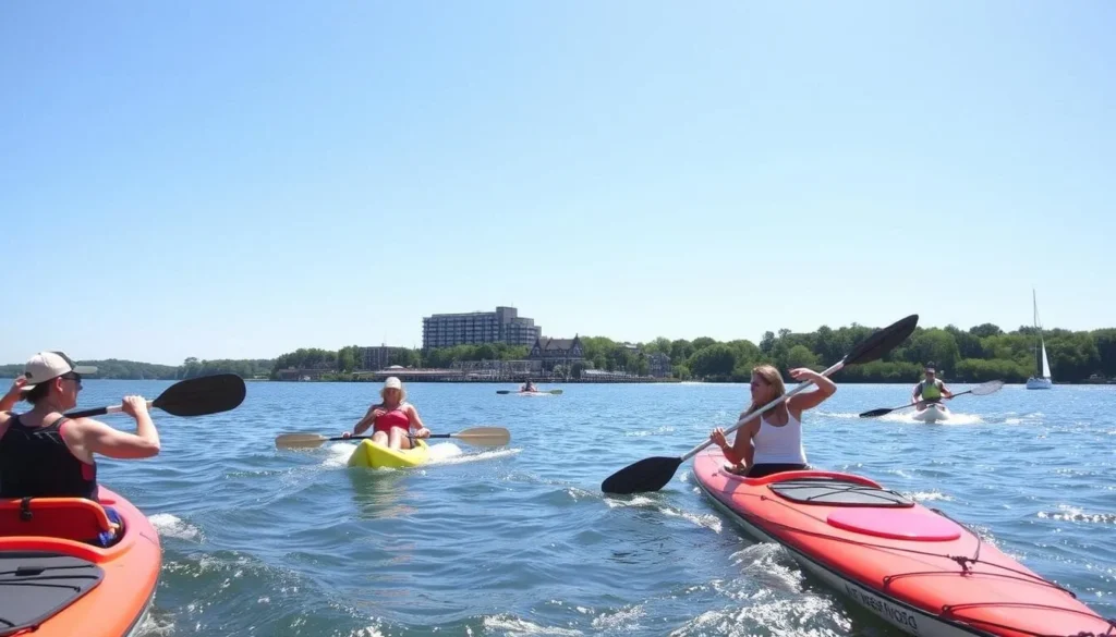 Visitors enjoying water activities like kayaking and paddleboarding on the York River Visitors enjoying water activities like kayaking and paddleboarding on the York River