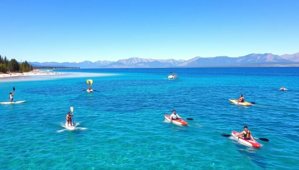 Visitors enjoying water activities on Lake Tahoe with paddleboards, kayaks, and boats on the crystal clear water Visitors enjoying water activities on Lake Tahoe with paddleboards, kayaks, and boats on the crystal clear water