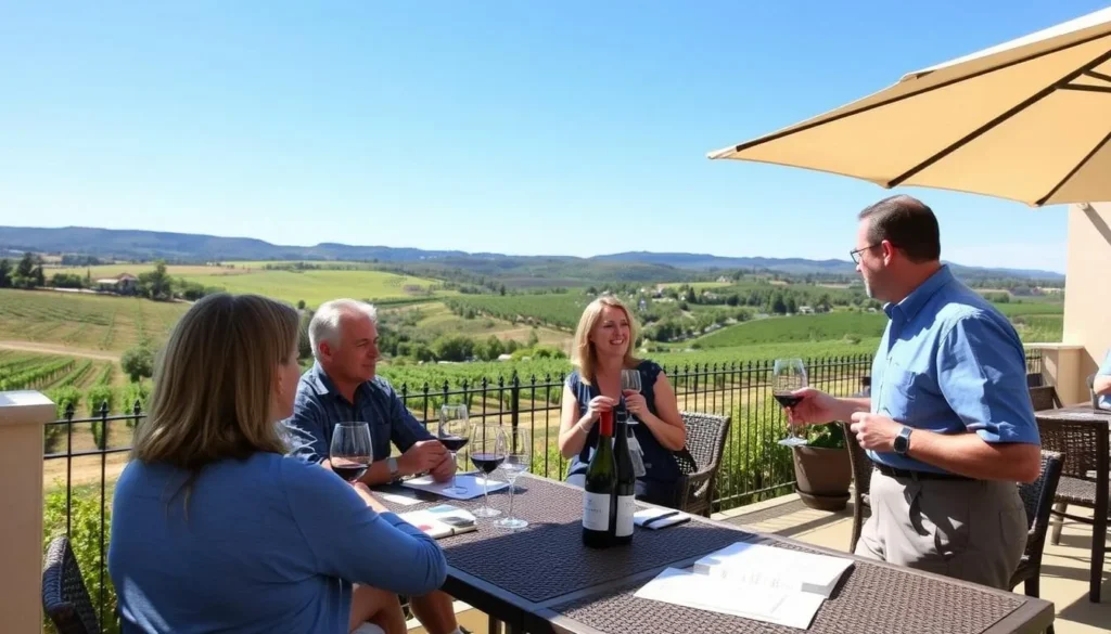 Visitors enjoying wine tasting on an outdoor terrace overlooking Napa Valley vineyards Visitors enjoying wine tasting on an outdoor terrace overlooking Napa Valley vineyards