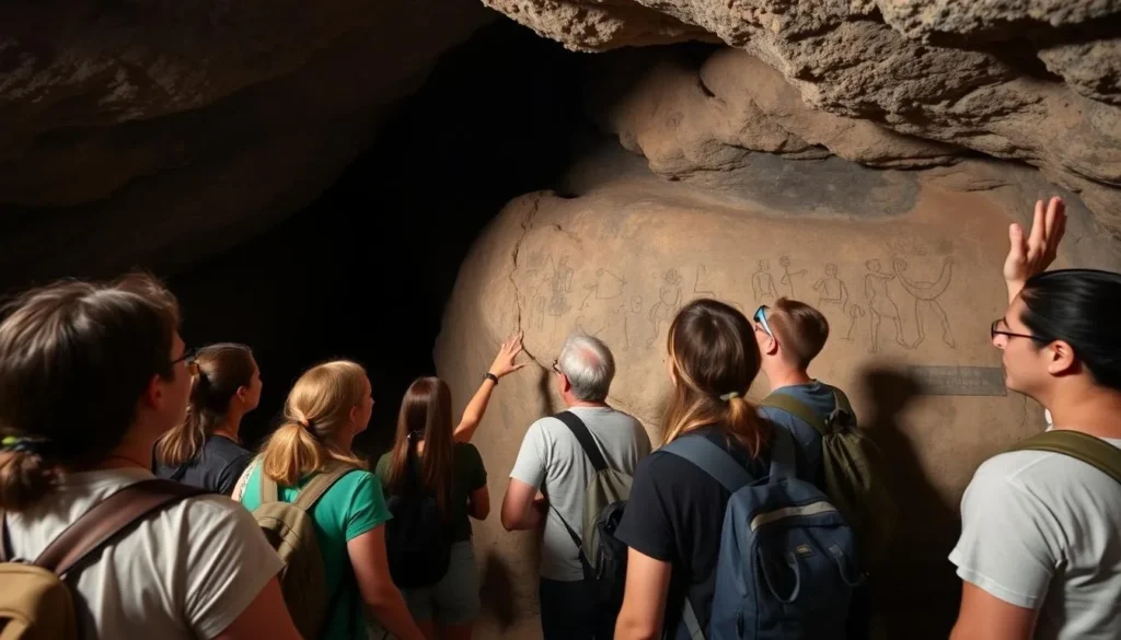 Visitors exploring Fountain Cavern National Park with a guide explaining petroglyphs Visitors exploring Fountain Cavern National Park with a guide explaining petroglyphs