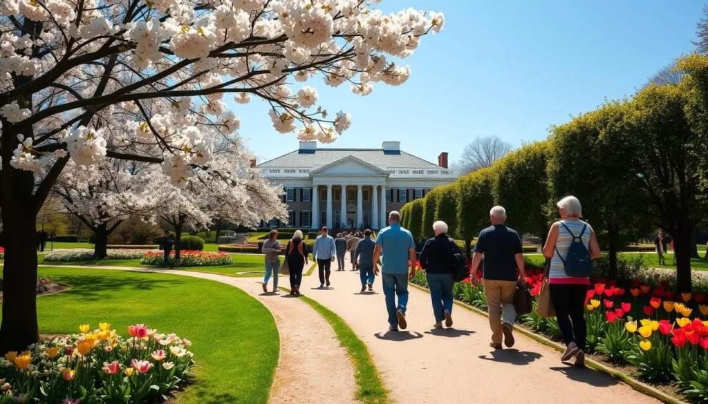 Visitors exploring Mount Vernon's gardens on a pleasant spring day with cherry blossoms in bloom