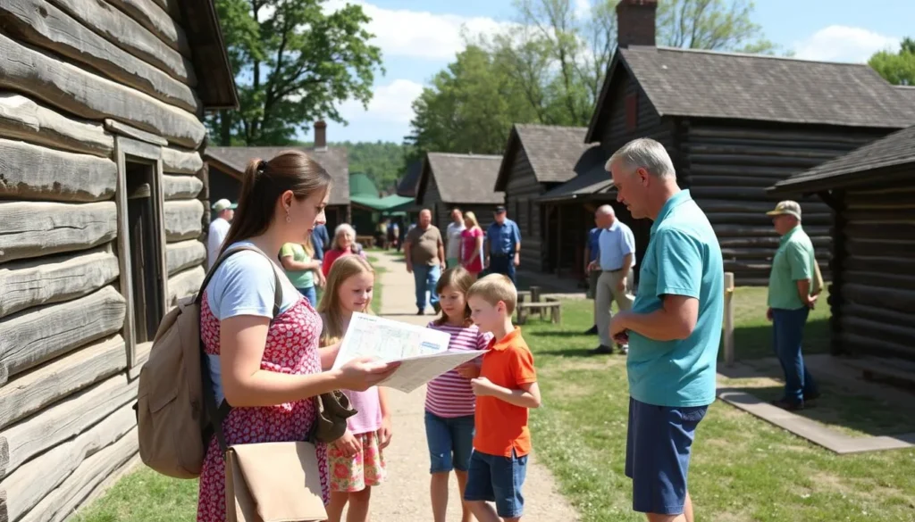 Visitors exploring New Salem Historic Site with a site map Visitors exploring New Salem Historic Site with a site map