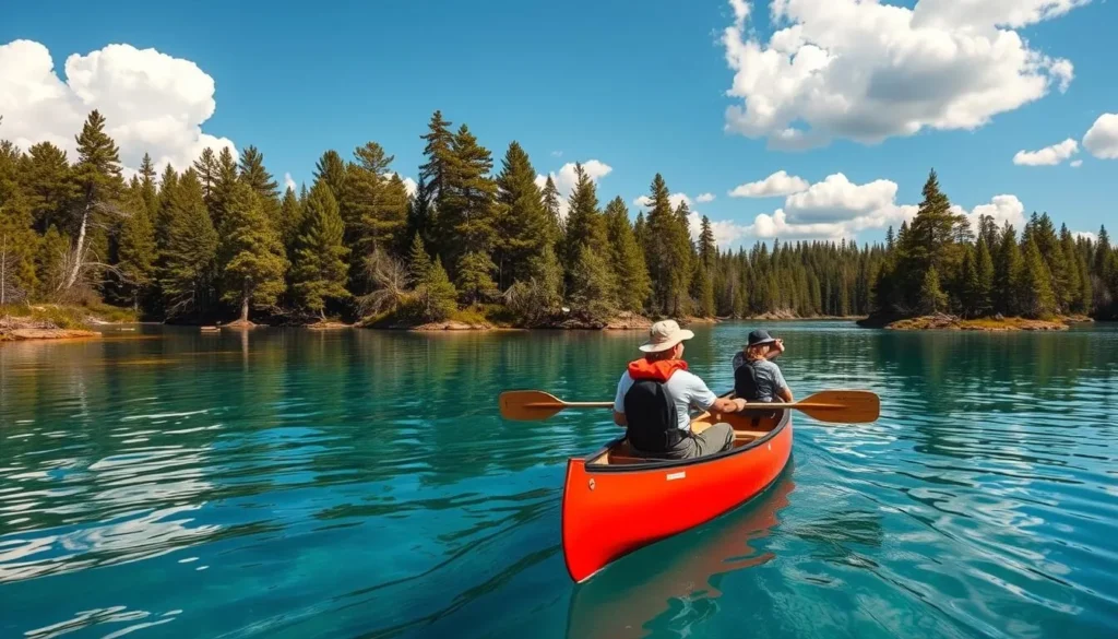Visitors exploring Voyageurs National Park by canoe on a calm lake surrounded by forested islands Visitors exploring Voyageurs National Park by canoe on a calm lake surrounded by forested islands