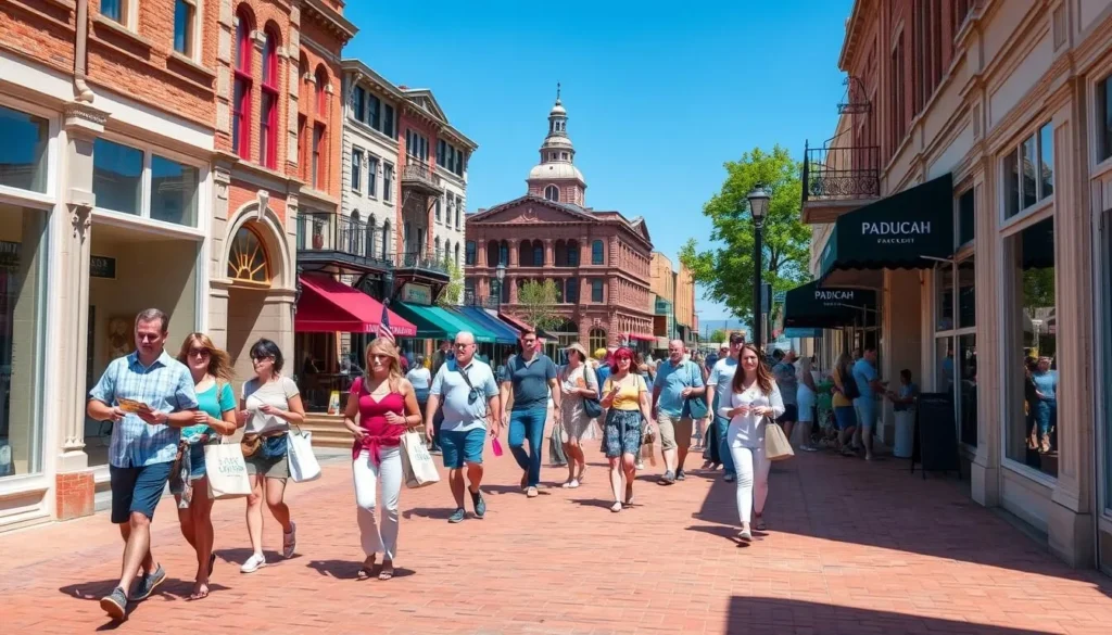 Visitors exploring downtown Paducah with shopping bags and maps Visitors exploring downtown Paducah with shopping bags and maps