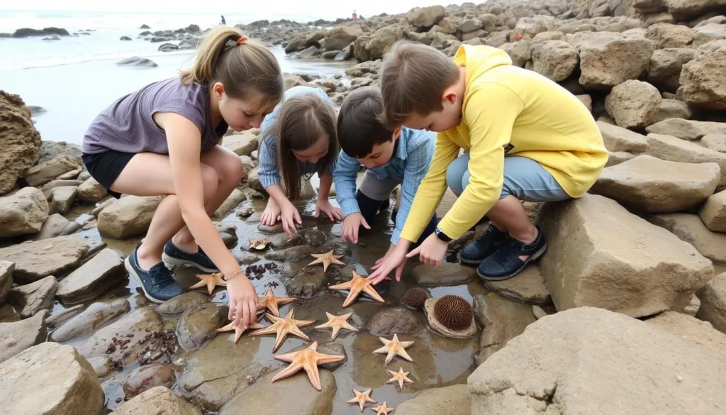 Visitors exploring tide pools at Leo Carrillo State Beach in Ventura County during low tide Visitors exploring tide pools at Leo Carrillo State Beach in Ventura County during low tide