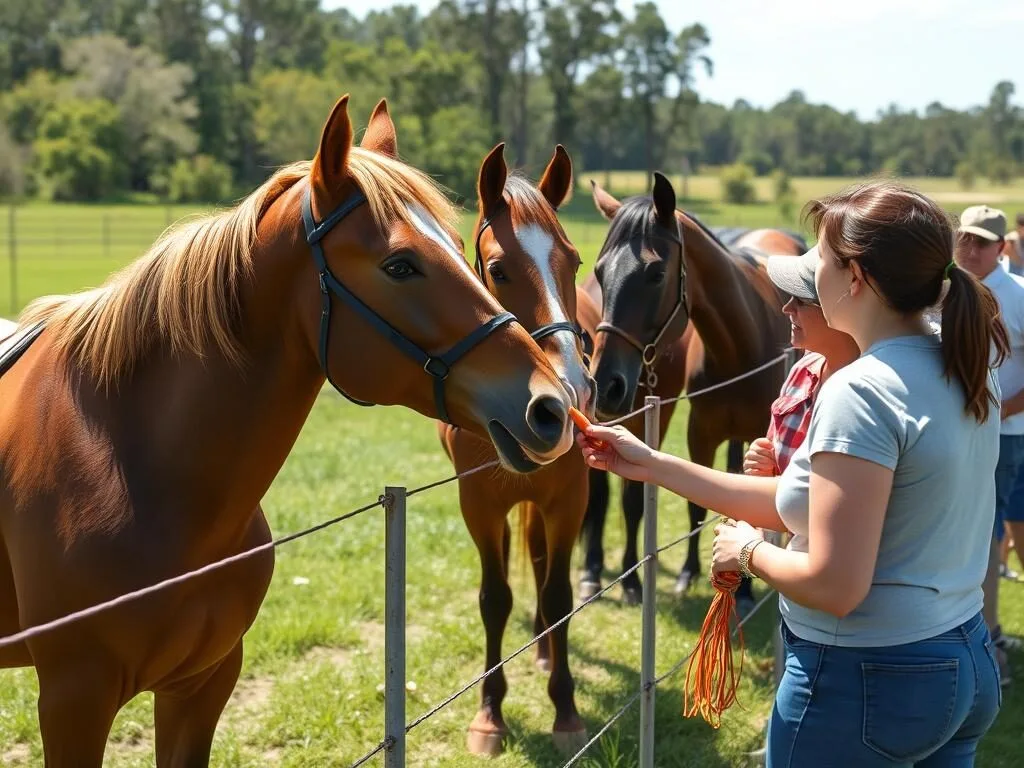 Visitors feeding carrots to horses at Mill Creek Farm in Alachua County Florida