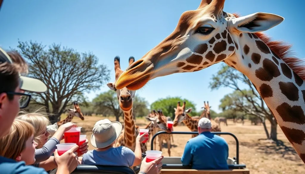 Visitors feeding giraffes from a safari vehicle at Giraffe Ranch in Dade City Visitors feeding giraffes from a safari vehicle at Giraffe Ranch in Dade City