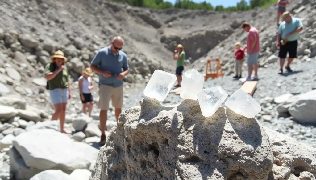 Visitors mining for Herkimer Diamonds at the Herkimer Diamond Mines with crystals displayed in the foreground Visitors mining for Herkimer Diamonds at the Herkimer Diamond Mines with crystals displayed in the foreground