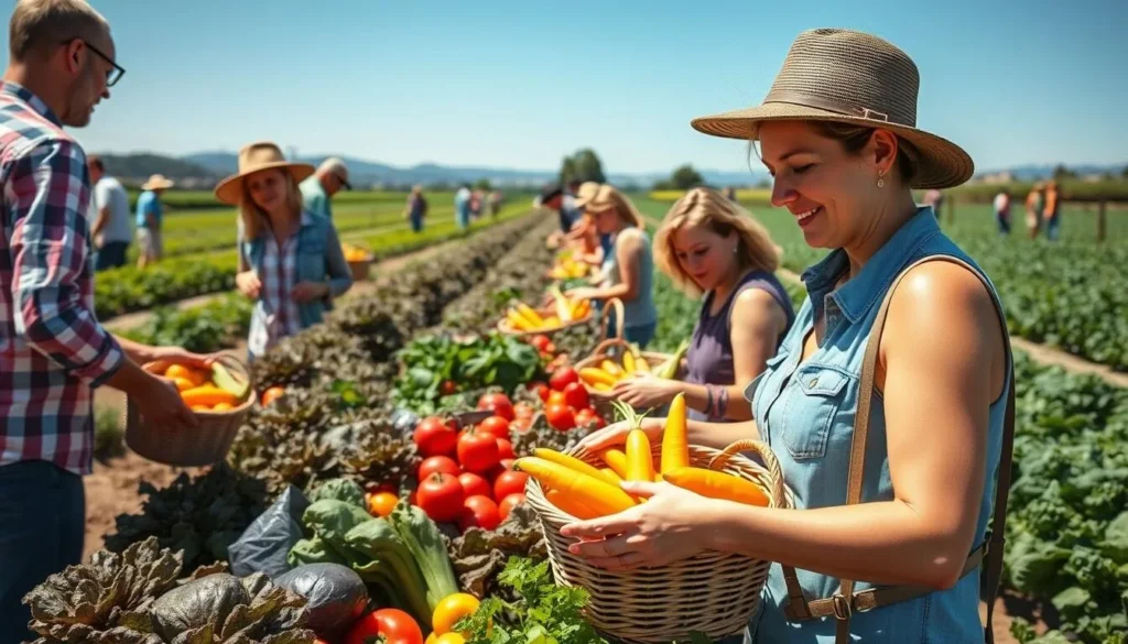 Visitors picking fresh produce at a Yolo County farm with rows of organic vegetables Visitors picking fresh produce at a Yolo County farm with rows of organic vegetables