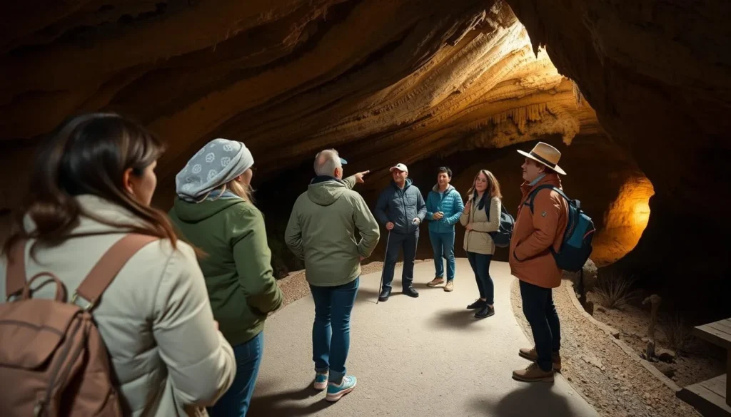 Visitors properly dressed exploring Carlsbad Caverns with a ranger guide providing information Visitors properly dressed exploring Carlsbad Caverns with a ranger guide providing information