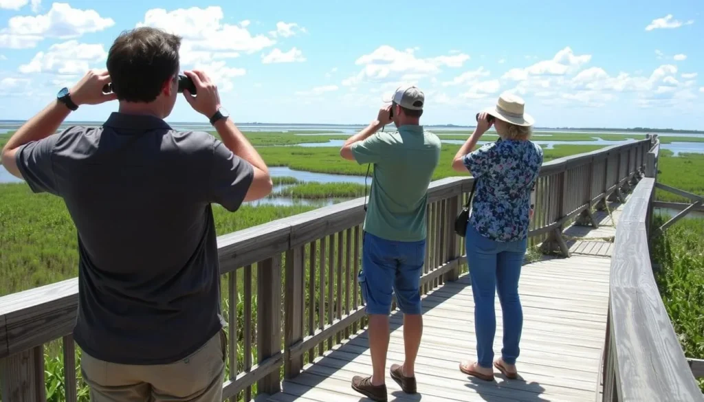 Visitors safely observing wildlife from a boardwalk at St. Marks National Wildlife Refuge in Wakulla County, Florida
