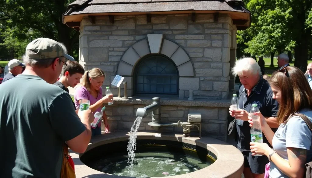 Visitors sampling mineral water from a spring in Saratoga Springs Visitors sampling mineral water from a spring in Saratoga Springs