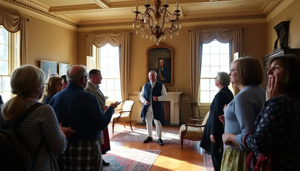 Visitors taking a guided tour of Mount Vernon's mansion interior with period furnishings