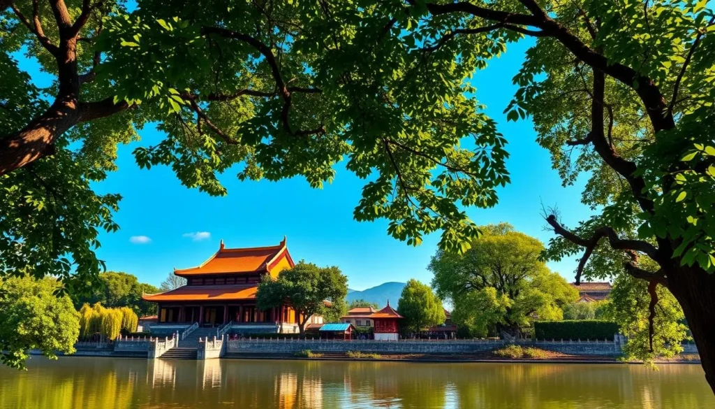 Vivid landscape of Hue, Vietnam's imperial jewel, set against a clear azure sky. Lush, verdant foliage of ancient trees frame the serene Perfume River, its gentle waters reflecting the ornate architecture of the Nguyen Dynasty's Imperial Citadel. In the foreground, sunlight dapples the historic pagodas and pavilions, evoking a sense of timeless tranquility. The scene is bathed in a warm, golden glow, capturing the essence of a temperate, tropical climate perfect for exploring this cultural treasure. Shot with a wide-angle lens to showcase the magnificent scale and grandeur of Hue's imperial legacy.