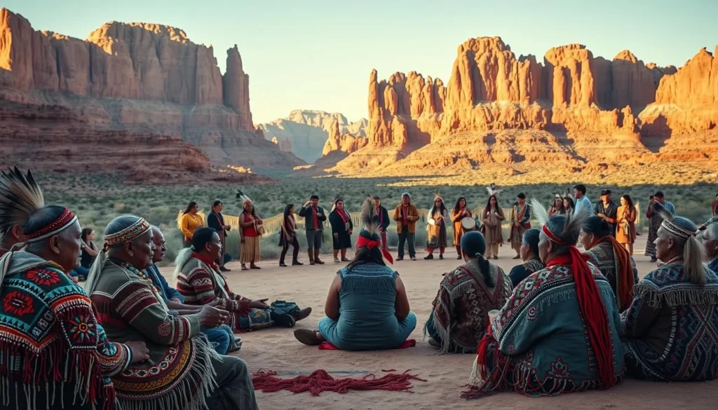 Vivid panorama of a traditional Native American gathering in the heart of the Southwest. In the foreground, a group of elders dressed in intricate beaded regalia sit cross-legged, deep in conversation. Surrounding them, artisans demonstrate the crafting of pottery, weavings, and symbolic jewelry, their skilled hands bringing ancient techniques to life. In the middle ground, a circle of dancers sway to the rhythmic beat of drums, their movements fluid and graceful. In the distance, towering red rock formations rise up, bathed in warm, golden light that casts a serene, timeless atmosphere over the entire scene. Crisp, clear day with soft, diffused lighting accentuating the vibrant colors and textures of this cultural epicenter.